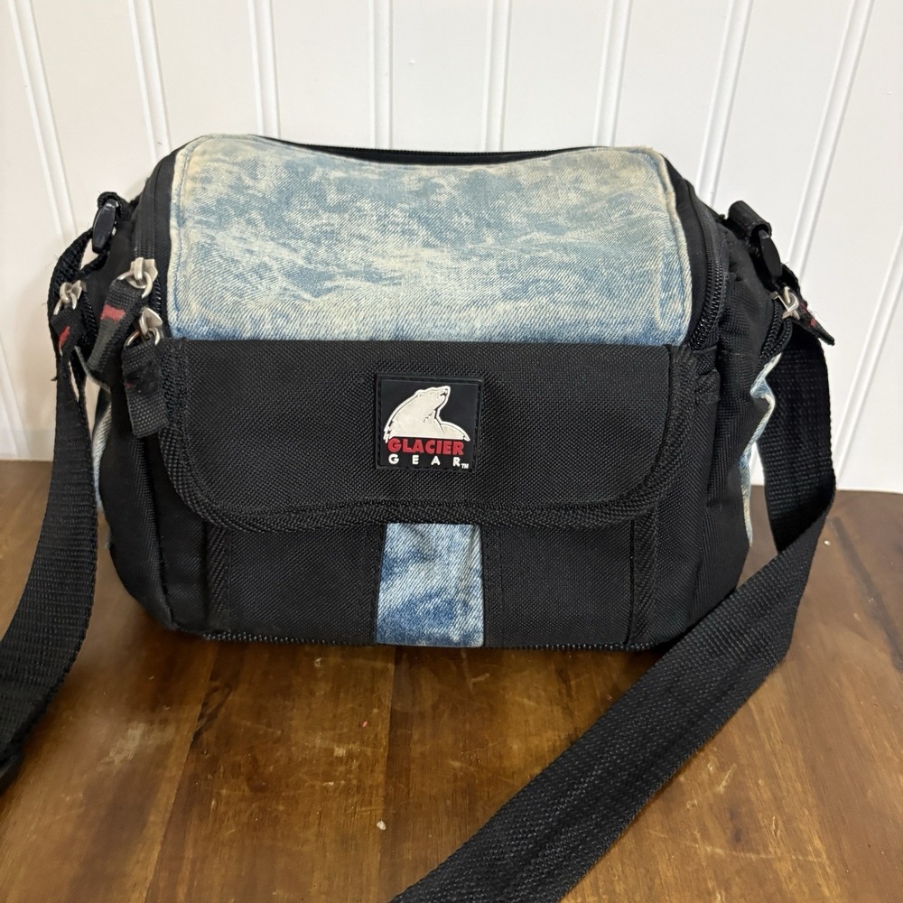 Vtg Glacier Gear Denim Lunch Box 6 Pack Beer Cooler Bag Pockets Shoulder Strap